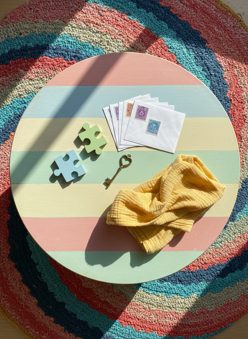 An overhead view of a round wooden table painted in cheerful pastel colors, its surface scattered with small symbolic objects: two puzzle-piece keychains almost touching, a stack of unopened envelopes with colorful stamps, a vintage key, and a gently folded baby blanket in soft yellow. Each object casts a curved, playful shadow under bright diffused window light. The table sits on a circular rug with bold, rounded patterns in coral, teal, and mustard. Photographic realism with a vibrant, energetic composition, the camera centered directly above to emphasize the circular motif. The mood is curious and contemplative, reflecting the layered process of adoption reunion and the many gentle questions that surround it.