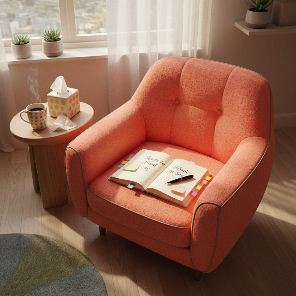 A cozy reading nook without any people, featuring an overstuffed armchair upholstered in rounded, pillowy cushions of bright coral fabric, slightly worn at the edges. On the seat rests an open journal with colorful sticky notes peeking out, and a pen resting across a page titled “Things I’m Afraid to Say.” A small side table holds a steaming mug and a tissue box with one tissue pulled halfway out. Soft afternoon light filters in from a nearby window with sheer curtains, creating gentle highlights on the journal pages and soft shadows on the floor. Photographic realism, shot at a slightly elevated angle, with warm tones and whimsical, rounded decor. The mood is vulnerable yet comforting, a safe space for birth parents to process reunion feelings.