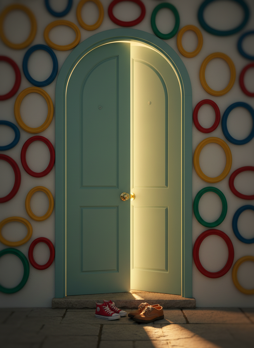 A warmly lit front door rendered without any people, painted a soft teal with a rounded top and a brass doorknob, standing slightly ajar so a sliver of light spills out. Around the doorway, the wall is covered with colorful, rounded picture frames that are empty, suggesting untold stories. On the doorstep, two mismatched pairs of shoes face each other, slightly overlapping. Soft golden hour light glows from inside, casting whimsical, curved shadows that echo the rounded shapes. Shot straight-on at eye level in photographic realism, with bright, saturated colors and a shallow depth of field that blurs the outer edges, creating an inviting, playful, and hopeful atmosphere about slowly opening the door to adoption reunion.