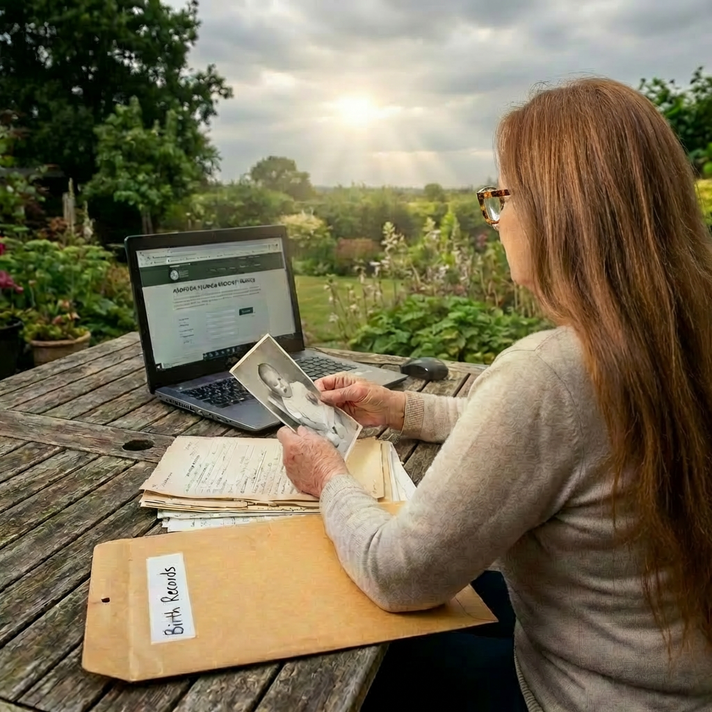 Woman at a table holding a baby photo next to birth records and a laptop.