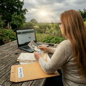 Woman at a table holding a baby photo next to birth records and a laptop.